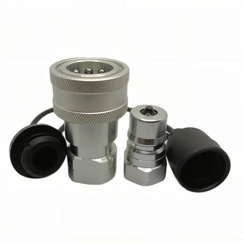 1/4 in NPT ISO7241-B hydraulic quick-connect coupler set with dust caps; chrome-knurled metal fittings.