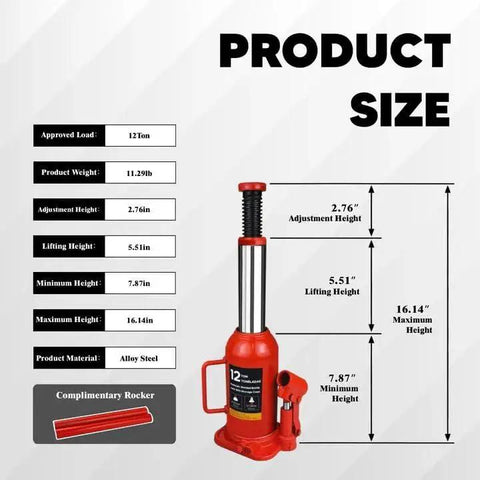 12 Ton Hydraulic Bottle Jack With Carrying Case Lift 8 To 15 Inches For Cars RVs, shown with dimensions and features.