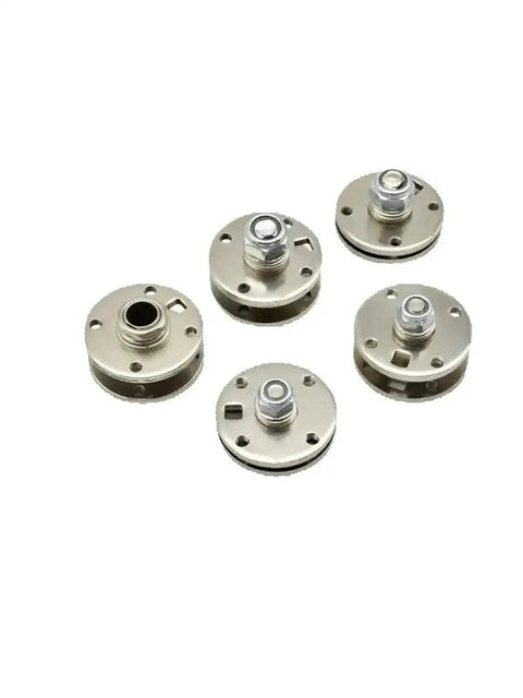 Six silver circular disk damper hinge parts with central threaded studs; metal construction