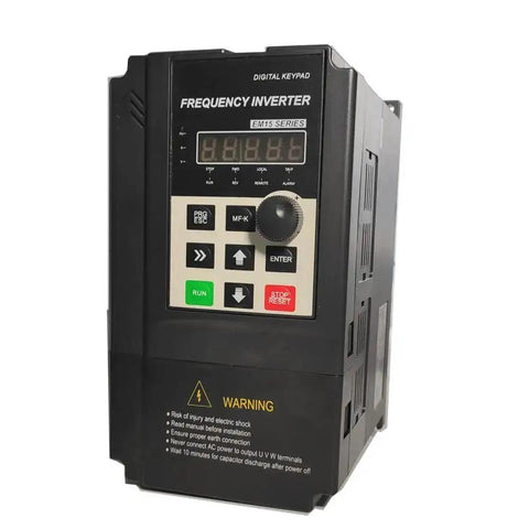 Front view of 2HP 110V Input VFD to 220V Output Motor Drive For Single Phase To Three Phase Motors, digital display, control buttons