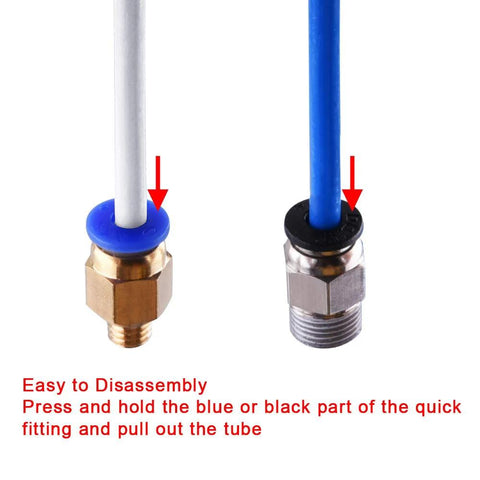 Two pneumatic push-fit fittings with PTFE tubes; left brass adapter with blue ring, right metal adapter with black ring