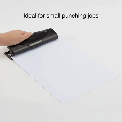 Mini 3 Hole Punch, 6 Sheet Capacity, Portable Desktop Hole Punch For Home Office Or School, being used on blank paper