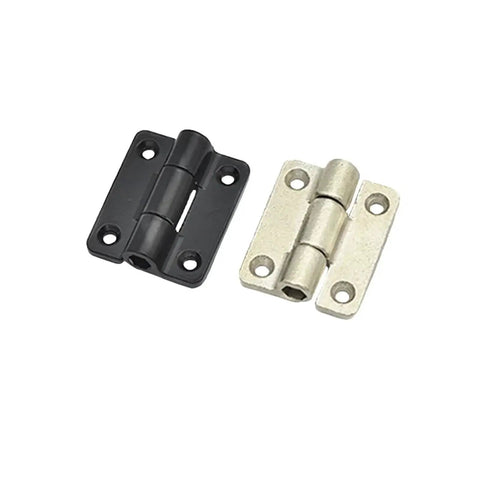 Front view: two zinc alloy torque hinges, adjustable, 35.3x45mm, black and silver finish.
