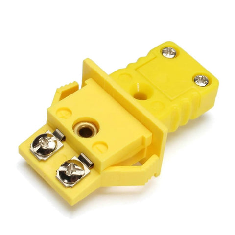 Yellow K-Type panel-mount thermocouple socket and plug connector, miniature with two screw terminals and mounting hole