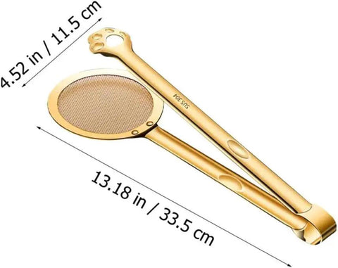 Stainless Steel Oil Strainer Spoon And Frying Oil Filter Clamp With 304 Claw Design, 4.52 x 13.18 in, shown in gold tone.