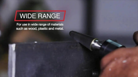 Carbide Ball End Double Cut Burr for Die Grinder, Three Quarters Inch Diameter used on metal surface, with wide range text visible.