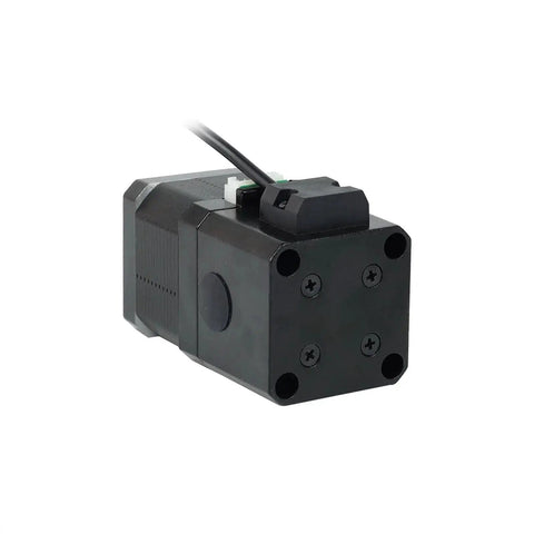 Angled front view of black brake stepper motor, 12V, NEMA17, 4-lead with mounting holes