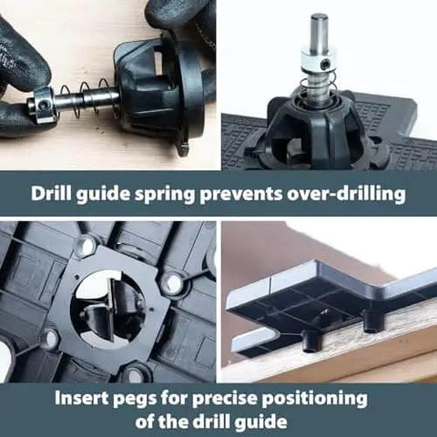 Cabinet Hinge Jig With Drawer Front Installation Clamps Kit DIY Friendly For Concealed Hinges 35mm Forstner Bit Included Drawer Face Clamp with drill guide and positioning pegs shown