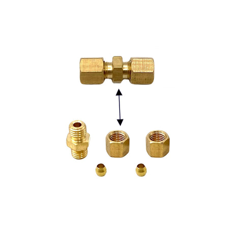 Six-piece brass compression fittings set for 1/8 in OD tubing, includes union adapter and hex nuts