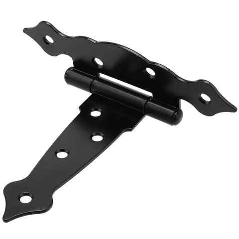 Single black T shape strap hinge from Six Pack 5 Inch T Shape Strap Hinges With Screws, made of heavy iron, rustproof and outdoor rated.