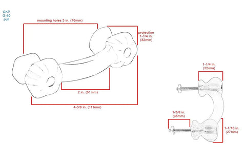 Diagram of Elegance Glass Collection Clear Glass Drawer Pull For Cabinets And Furniture with dimensions and mounting holes