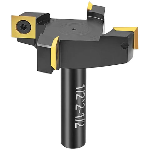 Heavy Duty Slab Flattening Router Bit With One Half Inch Shank And Two And One Half Inch Cutting Diameter, Four Wing Coated Carbide Inserts For CNC Spoilboard Surfacing, Planing Wood And MDF, Slab Leveler And Rabbeting, ATS Coating For Heat Resistance.