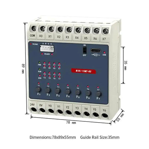 Side view of 24V DC PLC Ladder Logic Controller with 8 inputs and 7 transistor outputs, FX1S RS485 HMI connection, compact size for automation.