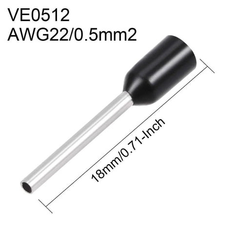 Insulated Cord Pin End Terminal for AWG22 Wire VE0512 Black, 18mm length, Copper Crimp Connector, side view