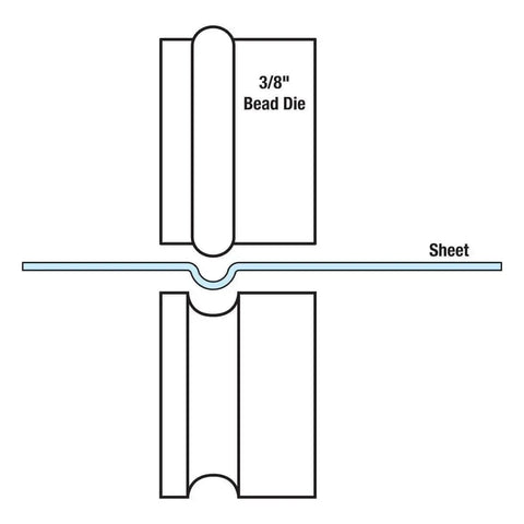 Diagram of 3/8 Inch Bead Die Set For 22 mm Bead Rollers showing die configuration and sheet metal indentation.