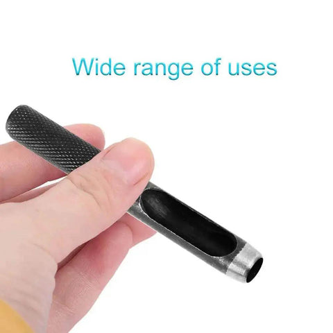 Hand holding a hollow punch tool from 12 Piece Round Leather Hole Punch Set Pro Grade Hollow Punch Tool 1mm To 10mm, showing wide range of uses.
