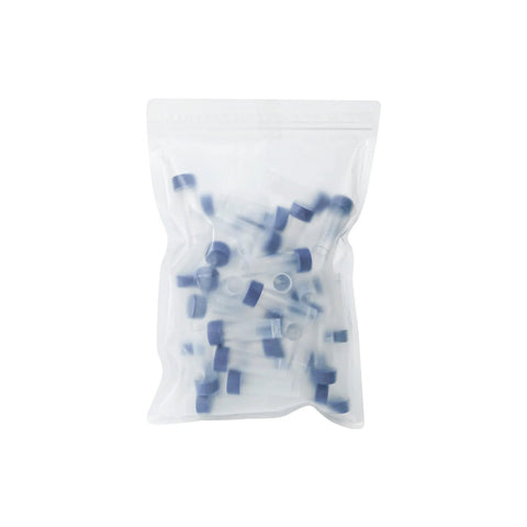 PEKYBIO 5ml sterile plastic graduated test tubes with blue screw caps in a clear resealable bag