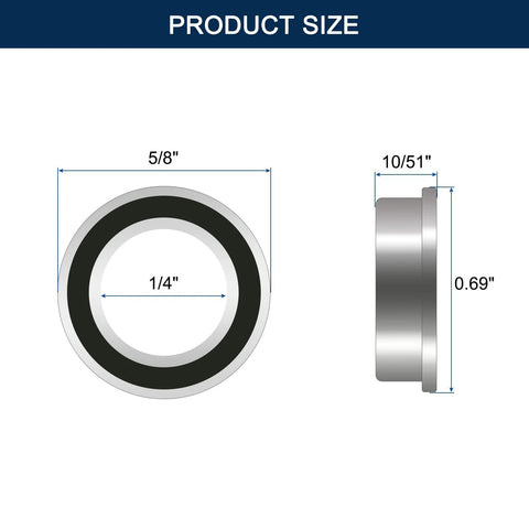 HiPicco FR4-2RS flanged ball bearing, 1/4 in bore, 5/8 in OD, 0.69 in width, double rubber seal, chrome steel