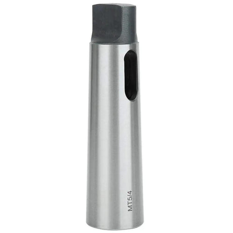 Front view of MT5 to MT4 taper reducing drill sleeve, high-speed steel, silver body with black top