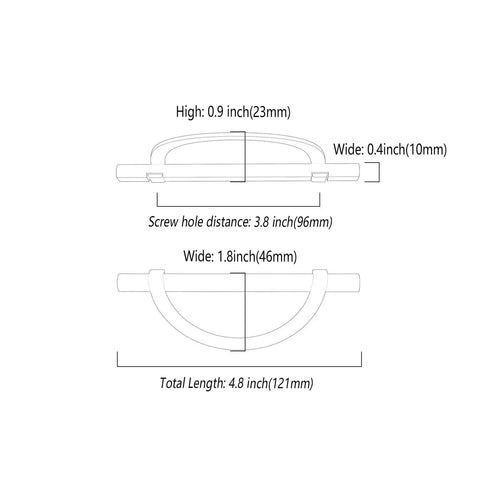 Technical diagram of Six Pack Matte Black And Gold Half Moon Cabinet Pulls Three And Three Quarters Inch Hole Centers 96mm.
