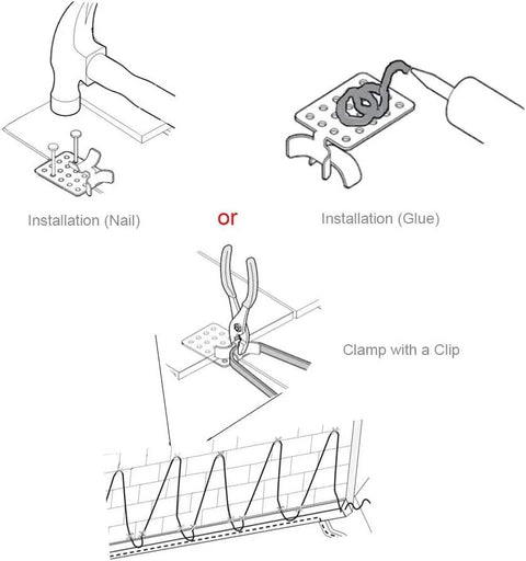 HEATIT roof heat cable clips, 26-pack for securing ice dam cables; shows nail, glue, or clamp installation.