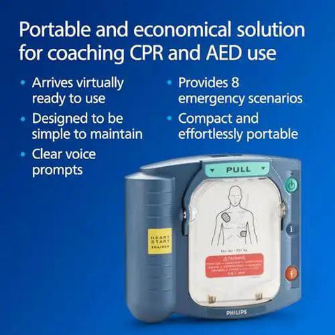 HeartStart AED Defibrillator Training Kit With Zippered Carry Case For Home And OnSite Practice, shown with features list