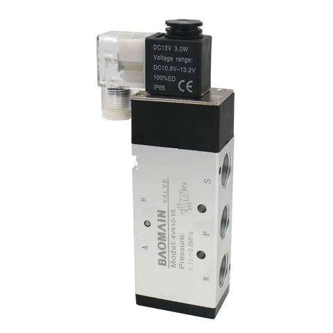 Internally Piloted 5 Way 2 Position Pneumatic Solenoid Valve 4V410-15 DC12V, PT One Half Inch Ports, side view