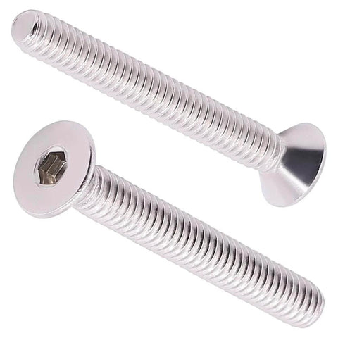 1/4-20 Flat Socket Cap Screws, 2-1/2 Inch Long, Full Thread, Countersunk Head, 304 Stainless Steel 18-8, side view, two screws