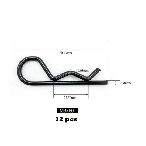 Heavy Duty 12 Pack R Clips For Trailers Trucks Carts And Mowers 60mm Long 3mm Wire Diameter Zinc Black Finish 4.8 Carbon Steel Retaining Pins