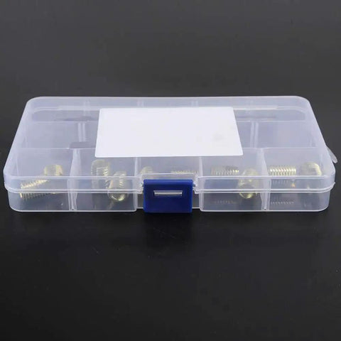 Plastic case containing 12 Piece M8 X 1.25 Thread Repair Kit With Self Tapping Inserts For Automobiles Rail Cars Home Appliances And Machinery DIY Friendly Durable Easy To Use For Fixing Stripped Threads In Metal Plastic.