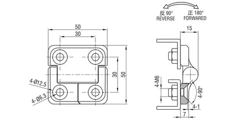 Technical drawing of heavy duty zinc alloy hydraulic torque hinge with constant friction for cabinets, 50x50 mm dimensions.
