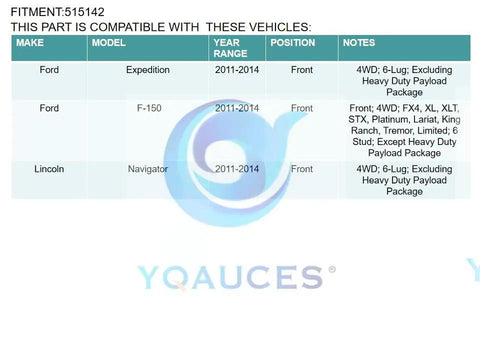 Table showing compatibility of Front Wheel Bearing And Hub Assembly For 2011 Through 2014 Ford F150 Expedition Lincoln Navigator 4WD 6 Lug With ABS Beefed Up Replacement Hub Bearing Durable Heavy Duty.