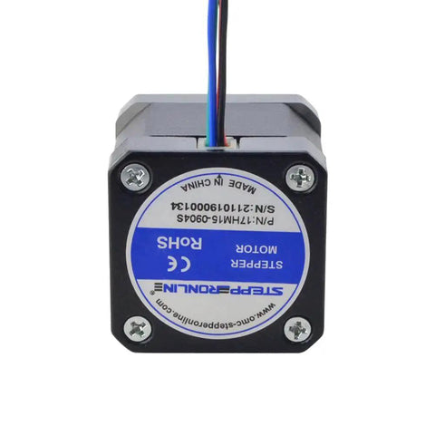 Ultra Precise 0.9 Degree Nema 17 Bipolar Stepper Motor For DIY Projects, back view showing label and wiring, ideal for CNC machines.