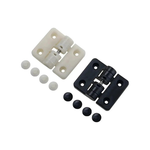 Positioning torque hinge kit, front view, white and black plastic hinges with 2 hinges and 8 end caps