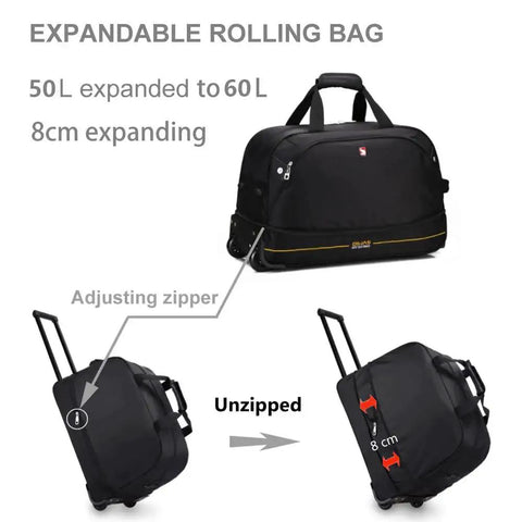Expandable 22 Inch Rolling Duffel Bag With Wheels For Weekend Travel And Carry On, showing expansion from 50L to 60L capacity.