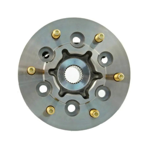 Top view of Chevy Colorado Front Passenger Wheel Hub And Bearing Assembly 2004 2008 with 6 wheel studs and gold connectors.