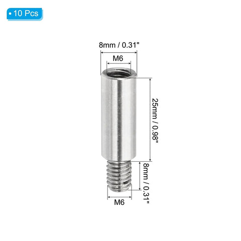 10 Pack M6 Stainless Steel Standoff Spacers 25mm x 8mm Male to Female for PCB Drone, front view with dimensions