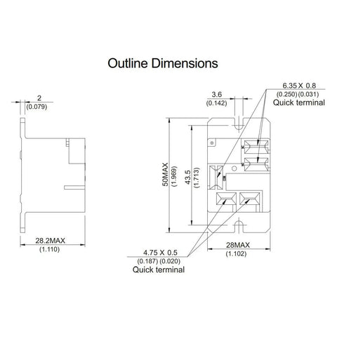 Outline dimensions of 12V DC General Purpose Power Relay 30A 250VAC Rating, Single Pole Normally Open, AgSnO Contact Material, Quick Terminals