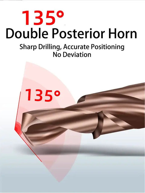 Close-up of M35 Cobalt Two Stage Step Drill Bit with 135-degree angle, spiral flute for stainless steel