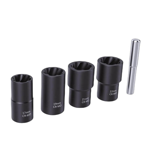 Five Piece Lug Nut Extractor Set For Stripped Bolts Chrome Molybdenum Steel Heavy Duty Nut Remover Tools With 17mm 19mm 21mm 22mm Sizes