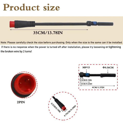 Side view of waterproof e-bike brake sensor cable with 2-pin magnetic plug, 35 cm long.