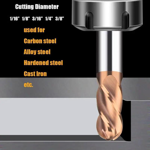 Premium Carbide Ball Nose End Mill Bits Set Five Piece Four Flutes TISIN Coated for Alloy Steels Hardened Steels
