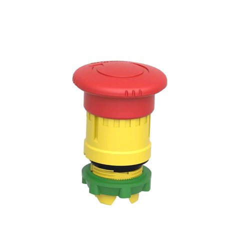 Emergency Stop Push Button Head 40mm Red Mushroom For Harmony X85 22mm, side view with mechanical latching and quick actuation features
