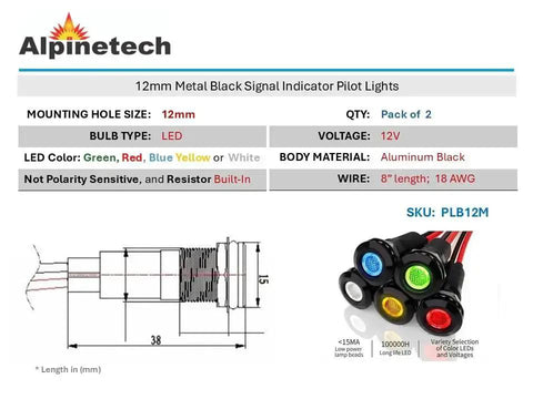 Diagram and specs of Two Pack 12mm LED Indicator Lights 12V DC Metal Body With Black Bezel Pilot Dash Light Green LED Easy 12mm Mount Hole