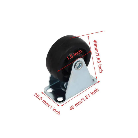 1.5 Inch Diameter Rubber Fixed Caster Wheel With Top Plate Non Swivel, Silver Tone Metal, Black Rubber, Dimensions 46x25.5x49mm