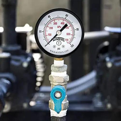 2 Inch Dial Dry Pressure Gauge With Brass Internals And Black Steel Case Dual Scale 0 To 100 Psi And KPa Bottom Mount Installed