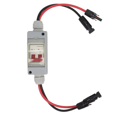 32A 500V PV DC Disconnect Switch MCB 2P Solar Breaker With IP65 Waterproof Distribution Box and connectors visible