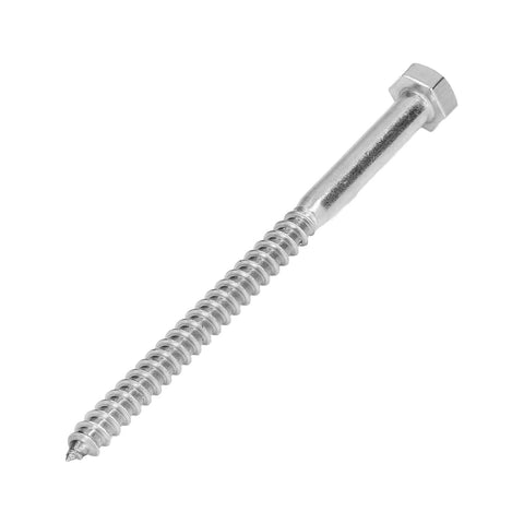 Beefy Stainless Steel Wood Hex Lag Self Tapping Screws M8x120MM with half thread and integrated design for easy install, shown front view