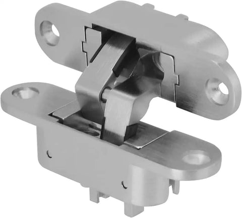 2 Pack 180 Degree Concealed Cross Door Hinges With Spanners Zinc Alloy Invisible Hinge Set, front view, heavy-duty hardware.
