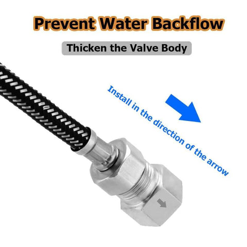 Stainless steel check valve 1/2 in male to 1/2 in female with braided hose, inline non-return with flow arrow
